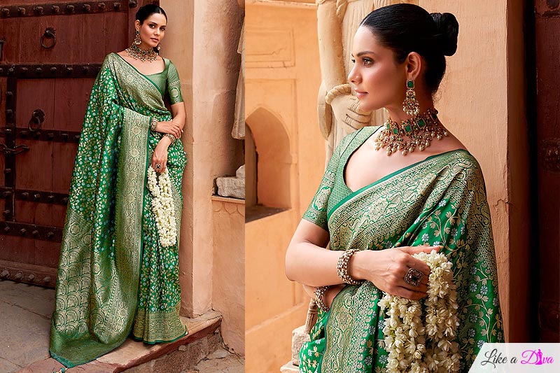 Dark Green Banarasi Silk Zari Woven Saree