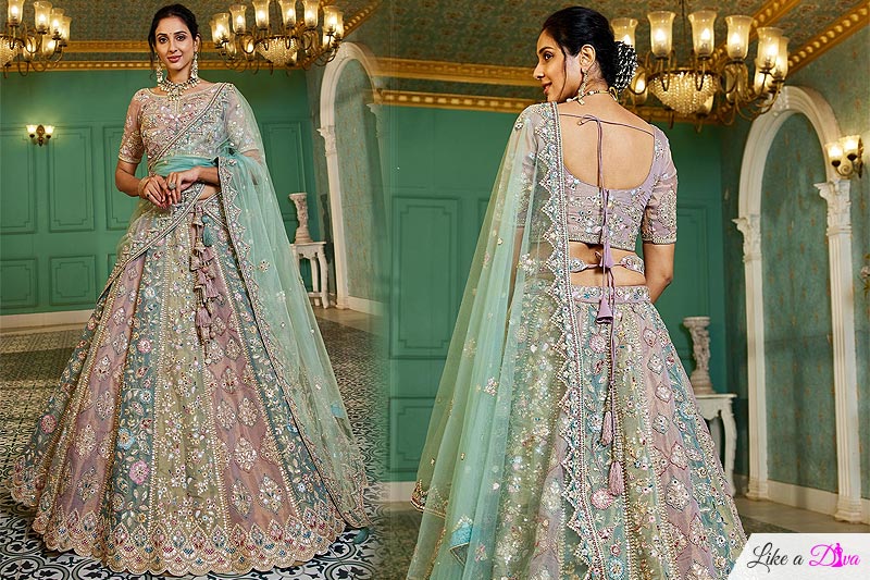 Pastel Multicolor Net Embroidered Lehenga Set With Belt