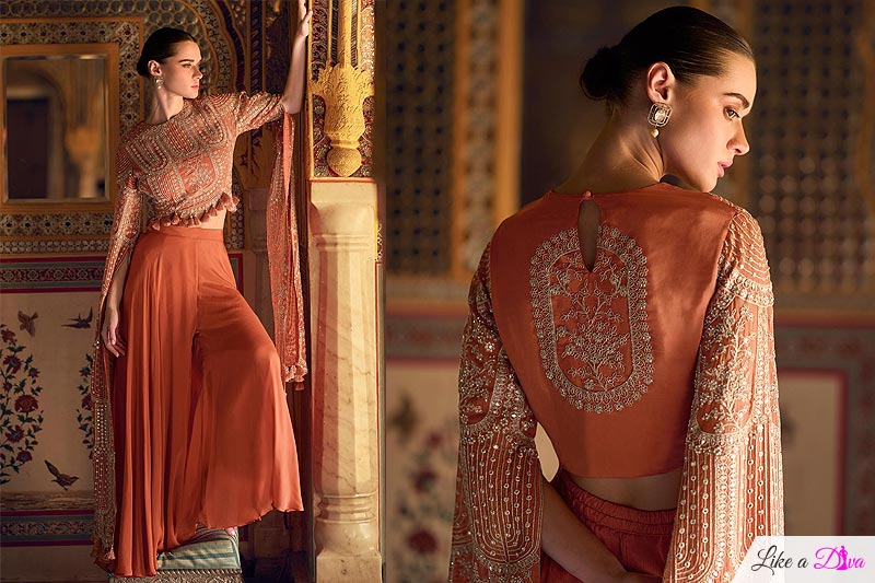 Orange Chinon Silk Embroidered Indowestern Long Sleeve Top With Palazzo