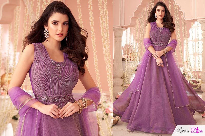 Indowestern Lilac Tissue Silk Embroidered Anarkali Gown With Dupatta & Belt