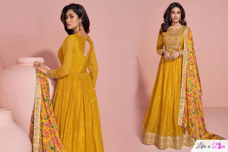 Mustard Chinon Silk Anarkali Dress With Printed & Embroidered Chinon Silk Dupatta