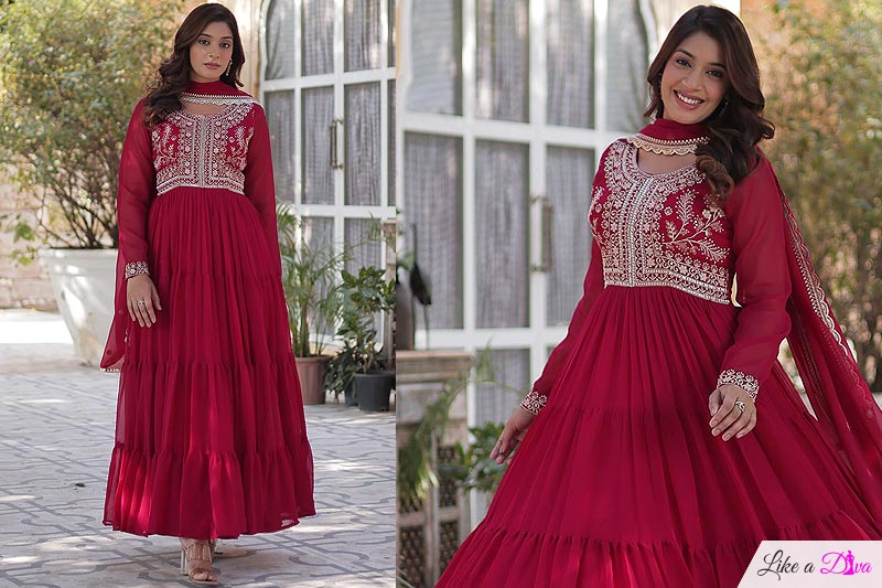 Deep Pink Georgette Embroidered Anarkali Dress With Dupatta