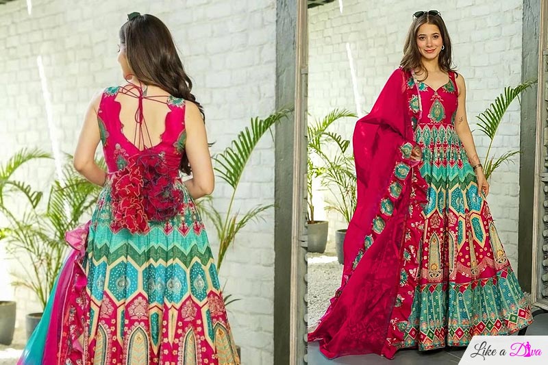 Multicolor Printed Silk Anarkali Dress With Organza Silk Dupatta