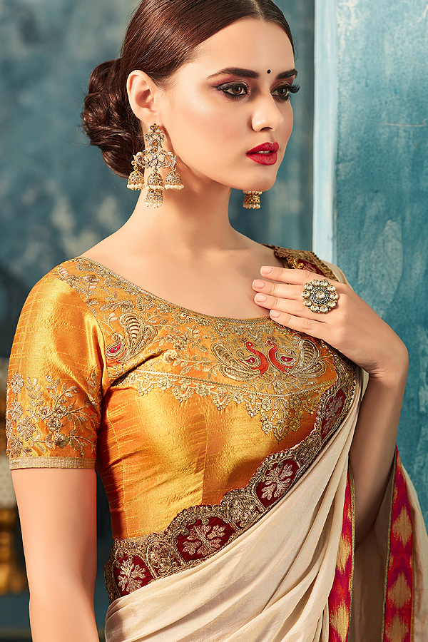 Buy Elegant Beige Saree With Yellow Embroidered Blouse Online | Like A Diva