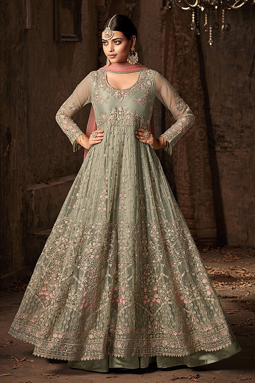 Buy Floral Embroidered Net Anarkali Suit In Light Olive Green Online ...