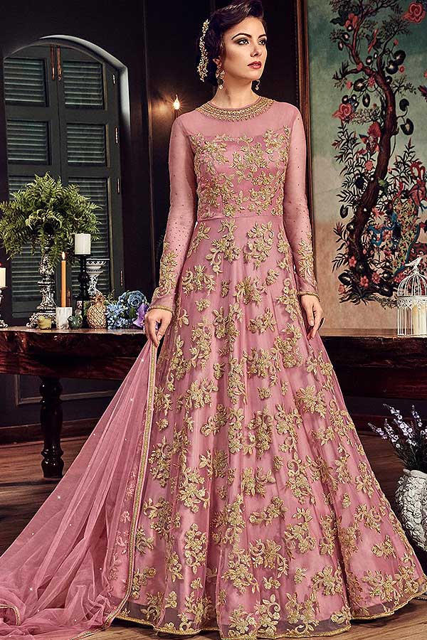 Buy Blush Pink Floor-length Anarkali Suit With Zari Embroidery In Net ...