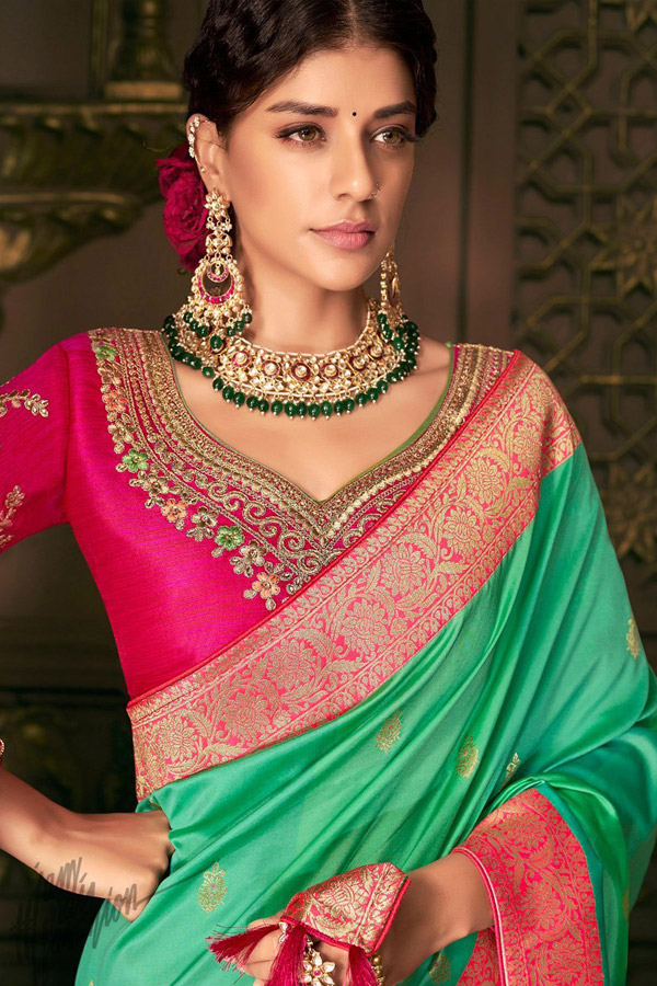 Buy Pure Banarasi Silk Embroidered Saree In Jade Green Online | Like A Diva