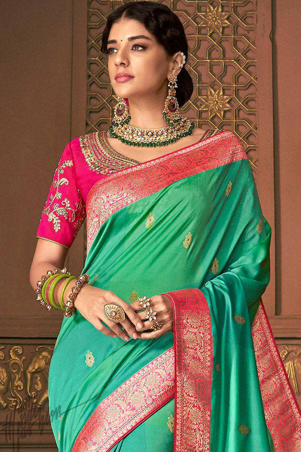 Buy Pure Banarasi Silk Embroidered Saree In Jade Green Online | Like A Diva