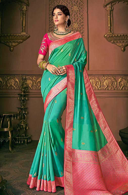 Buy Pure Banarasi Silk Embroidered Saree In Jade Green Online | Like A Diva