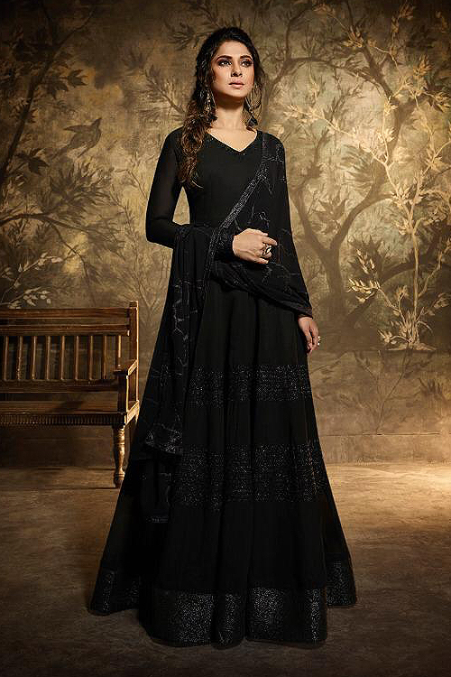 Buy Beautiful Black Georgette Anarkali Suit With Unique Dupatta Online ...