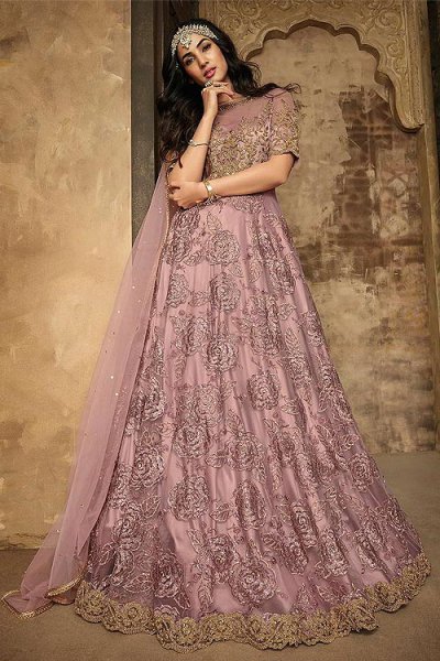 Buy Party Wear Lilac Net Anarkali Suit With Embroidery And Diamonds