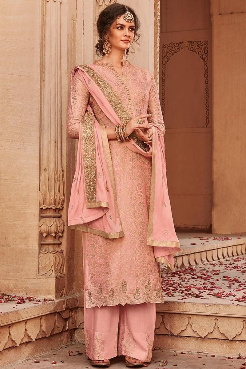 Buy Blush Pink Banarasi Jacquard Palazzo Suit With Embroidered Dupatta Online Like A Diva