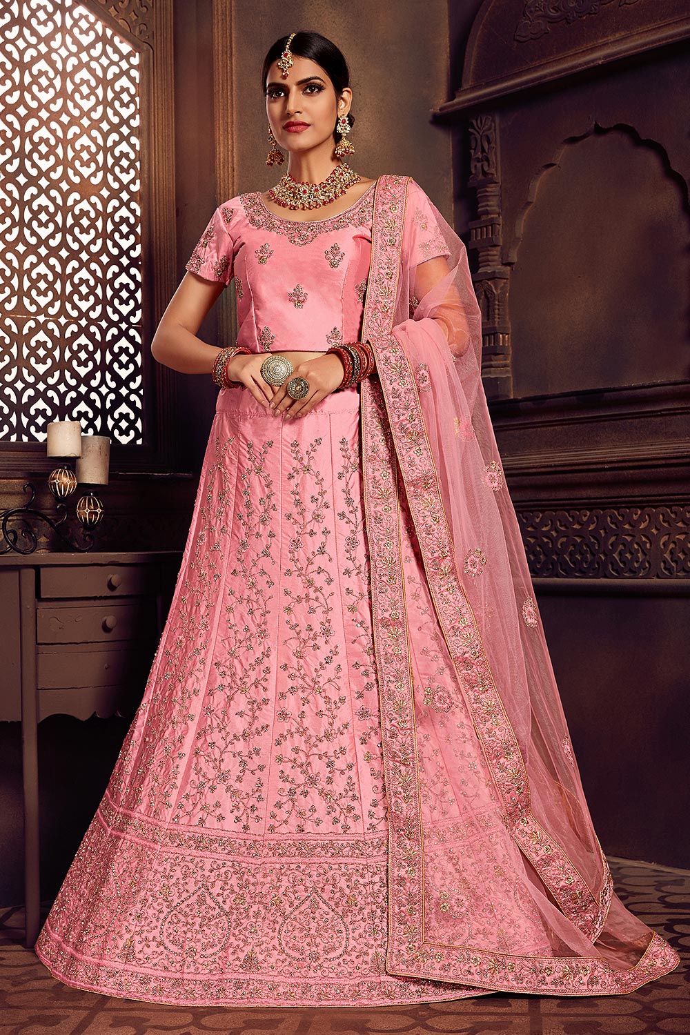 Buy Pink Kalidar Lehenga Choli Set In Silk Online | Like A Diva