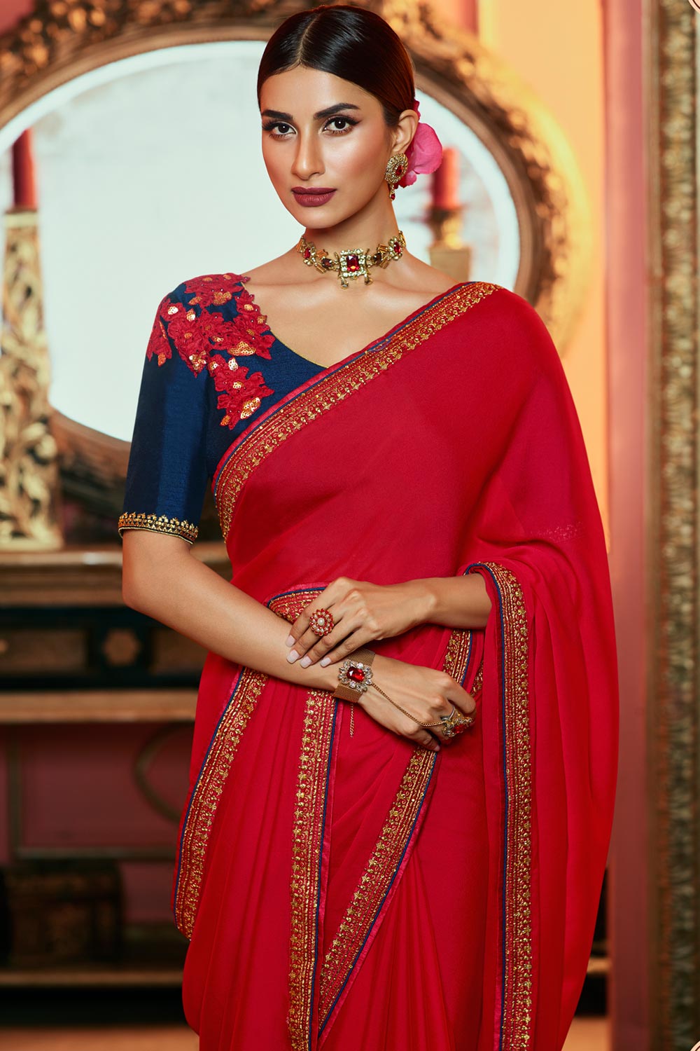 Buy Beautiful Red Zari Embroidered Silk Saree Online Like A Diva