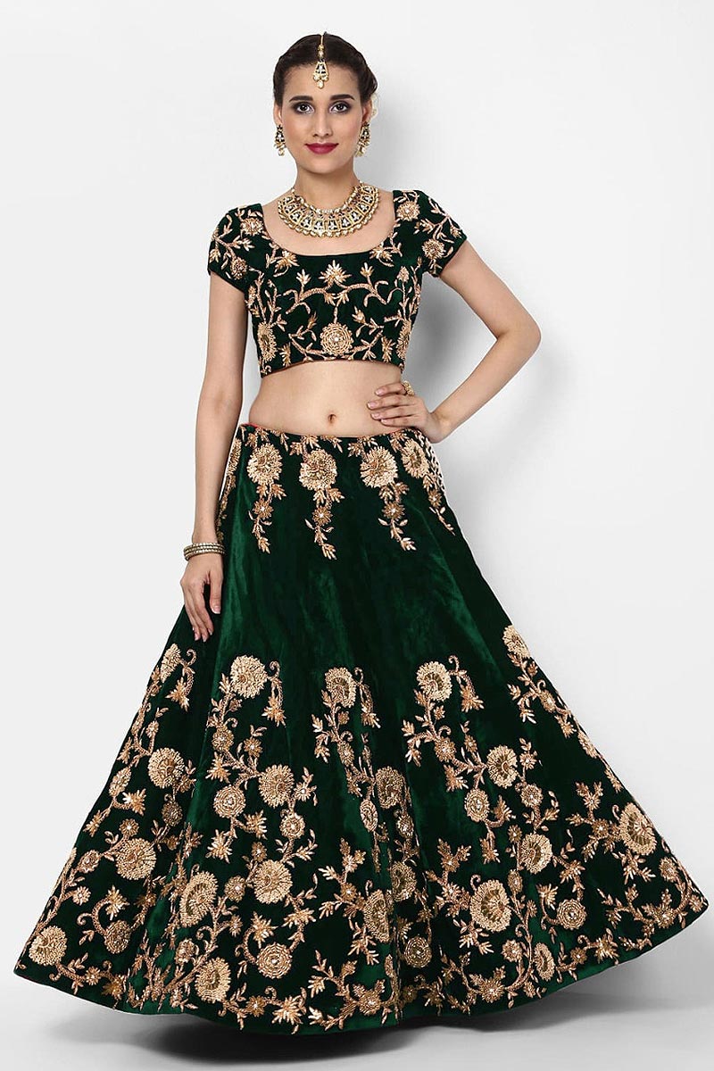 Buy Bottle Green Velvet Lehenga Choli With Zari Embroidery Online Like A Diva 