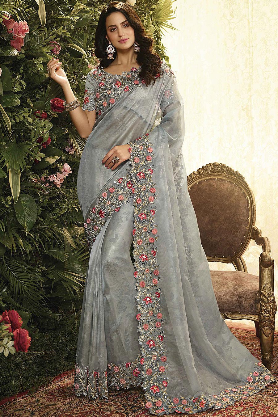 Buy Grey Floral Embroidered Party Wear Saree In Organza Online | Like A