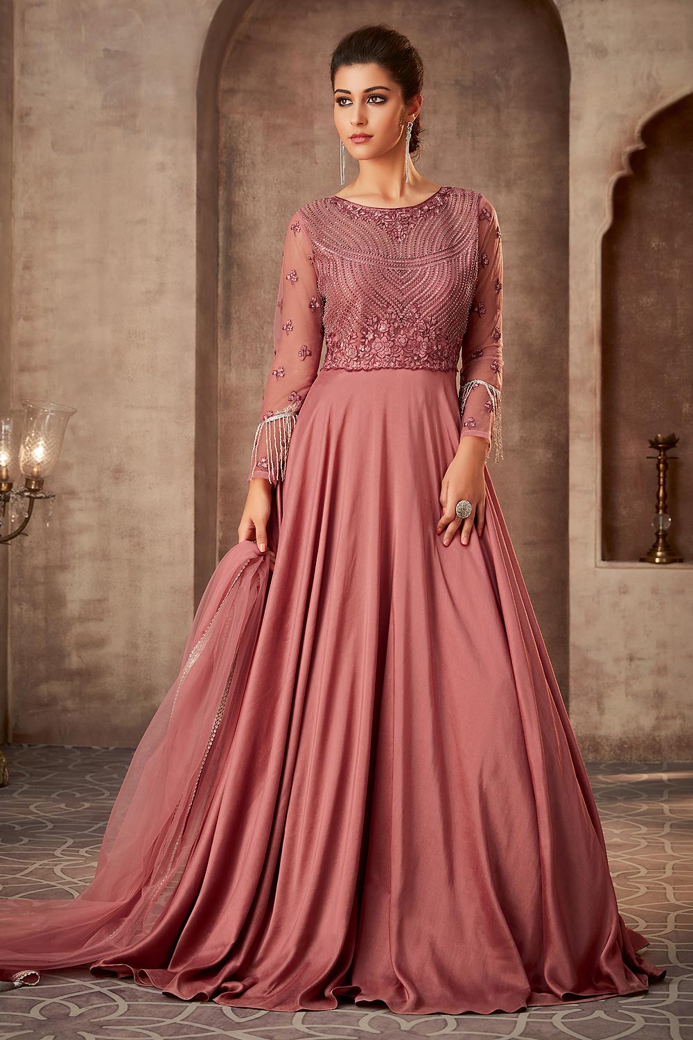 Buy Beautiful Pink Silk Georgette Evening Gown With Net Dupatta Online | Like A Diva