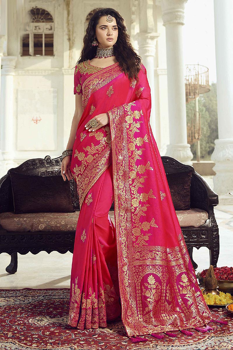 Buy Pink Banarasi Silk Saree With Zari Embroidered Blouse Online Like 