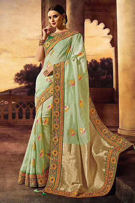 Buy Light Mint Banarasi Silk Embroidered Saree Online Like A Diva 