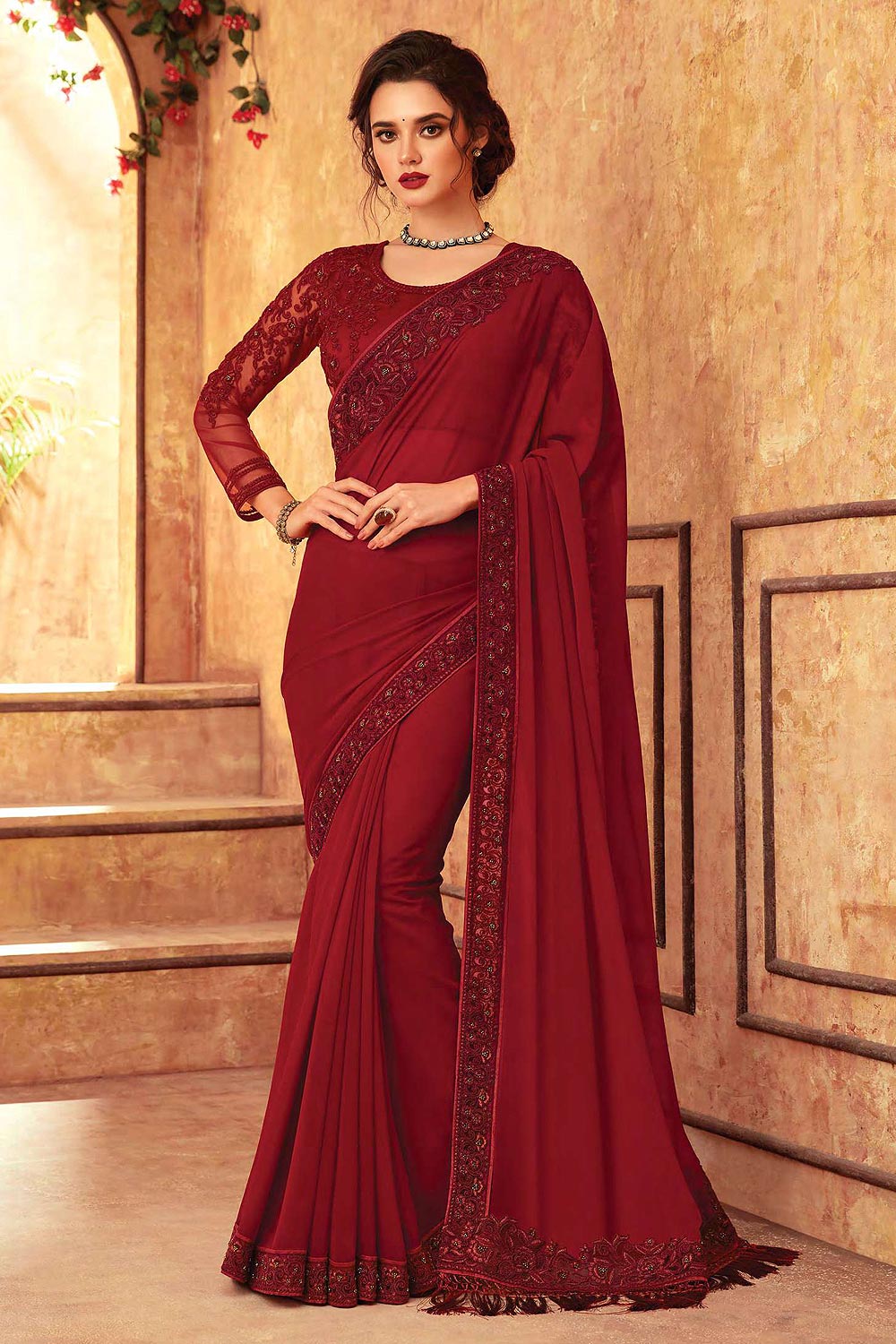Buy Cherry Red Georgette Embroidered Saree Online Like A Diva