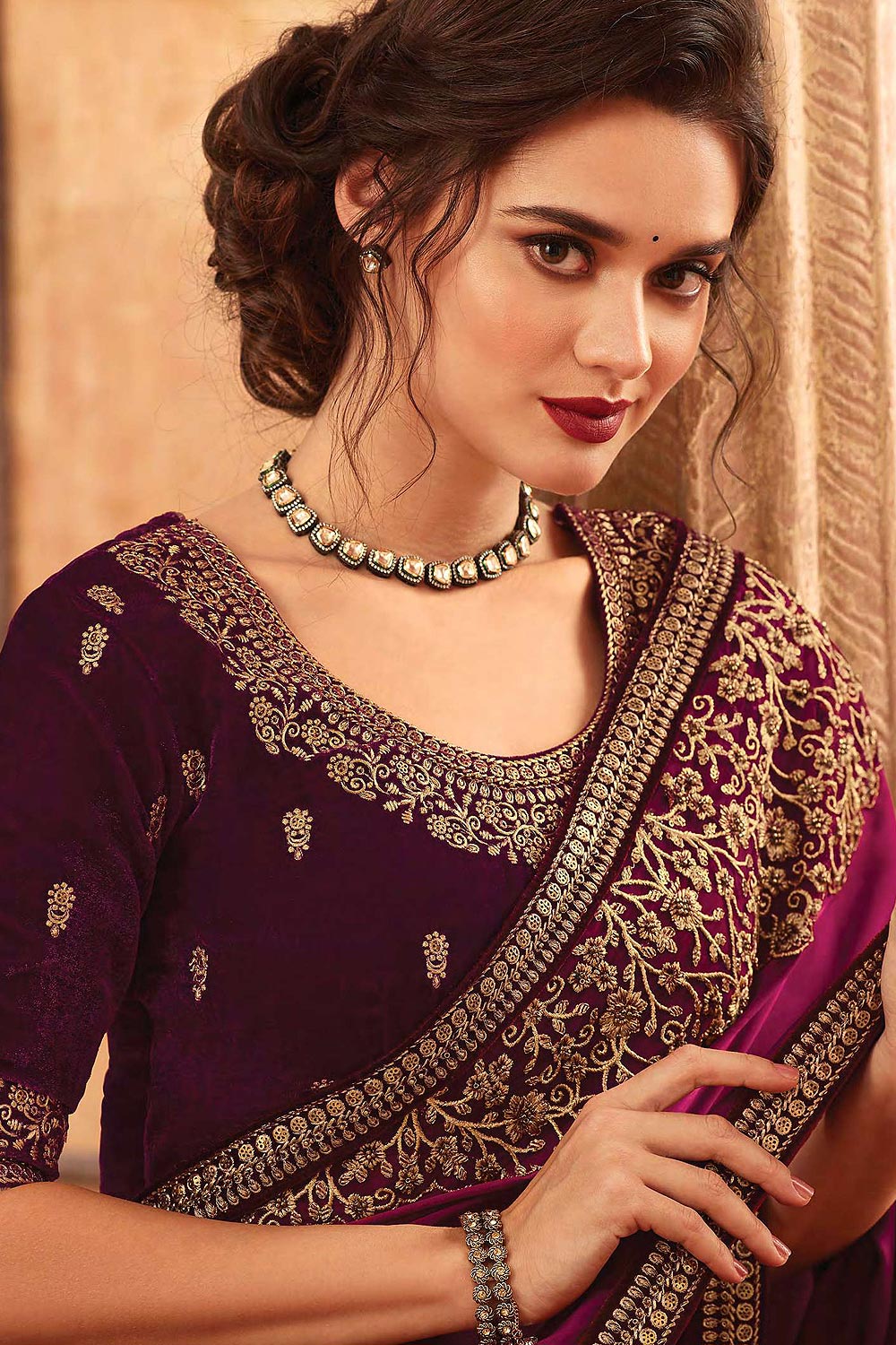 Buy Burgundy Embroidered Silk Saree Online | Like A Diva