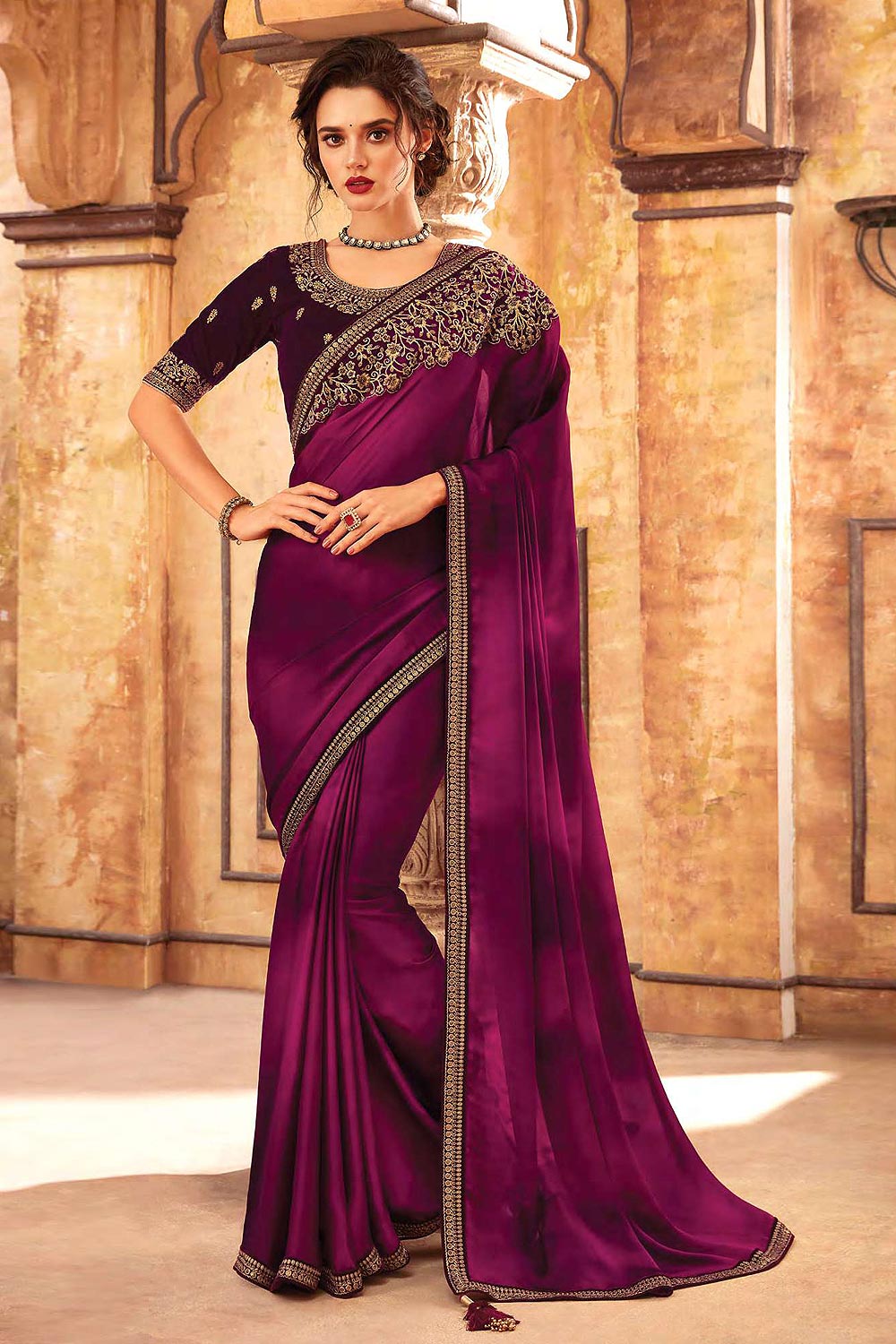 Buy Burgundy Embroidered Silk Saree Online Like A Diva 