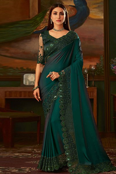 Buy Bottle Green Silk Designer Saree Online | Like A Diva