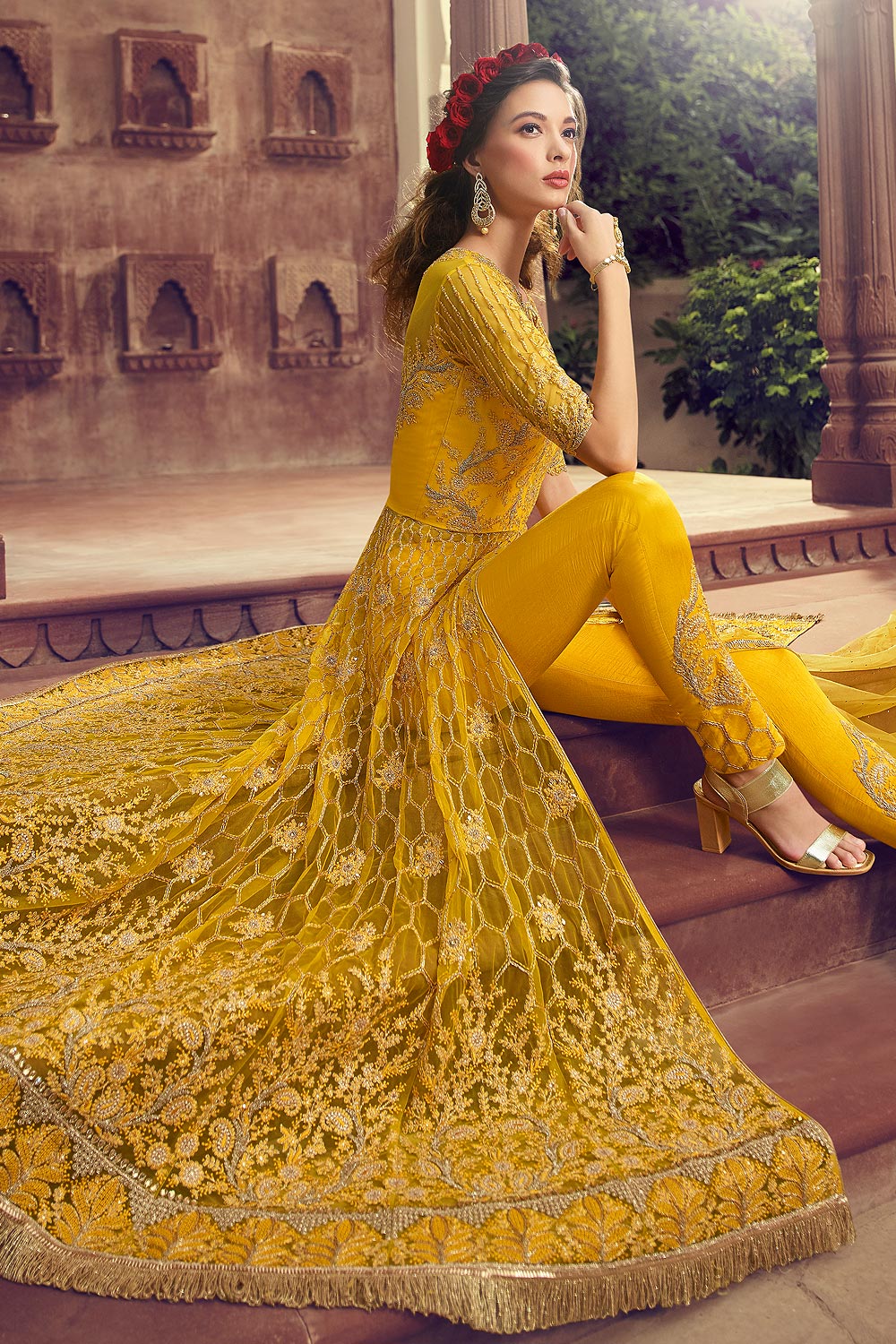 Buy Embellished Yellow Anarkali Suit/lehenga In Net Online