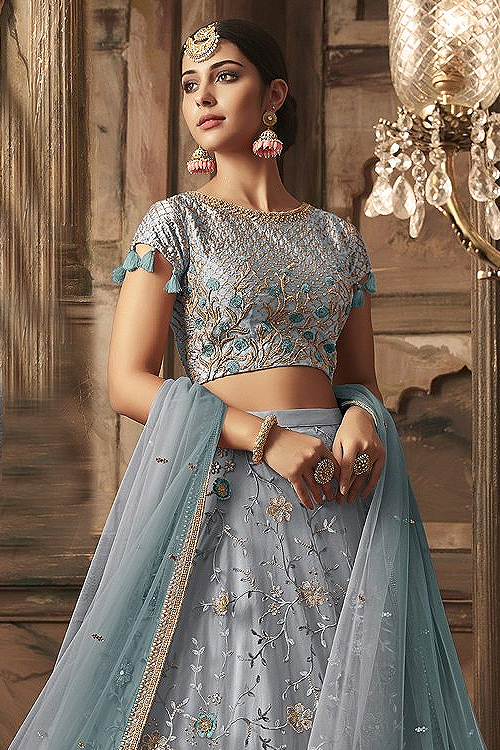 Buy Powder Blue Embroidered Lehenga Choli Set In Net Online Like A Diva 