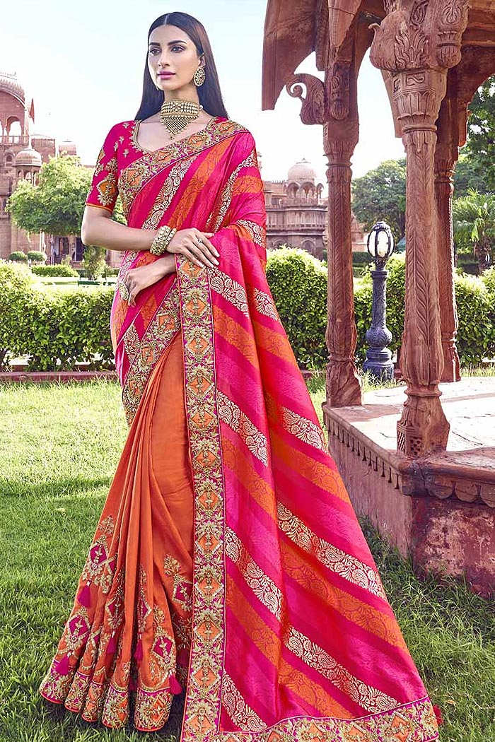 Buy Orange And Pink Embroidered Silk Saree Online | Like A Diva