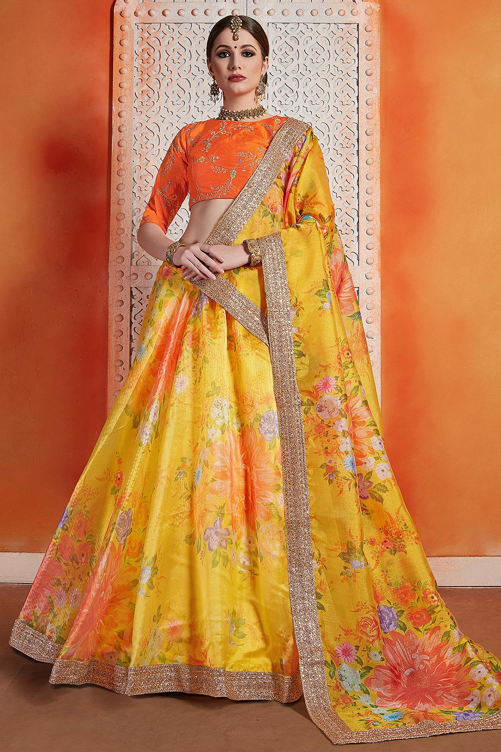 Buy Yellow Floral Printed Silk Indian Lehenga Online ...