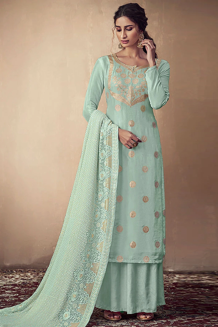 Buy Light Blue Banarasi Silk Indian Palazzo Suit Online | Like A Diva