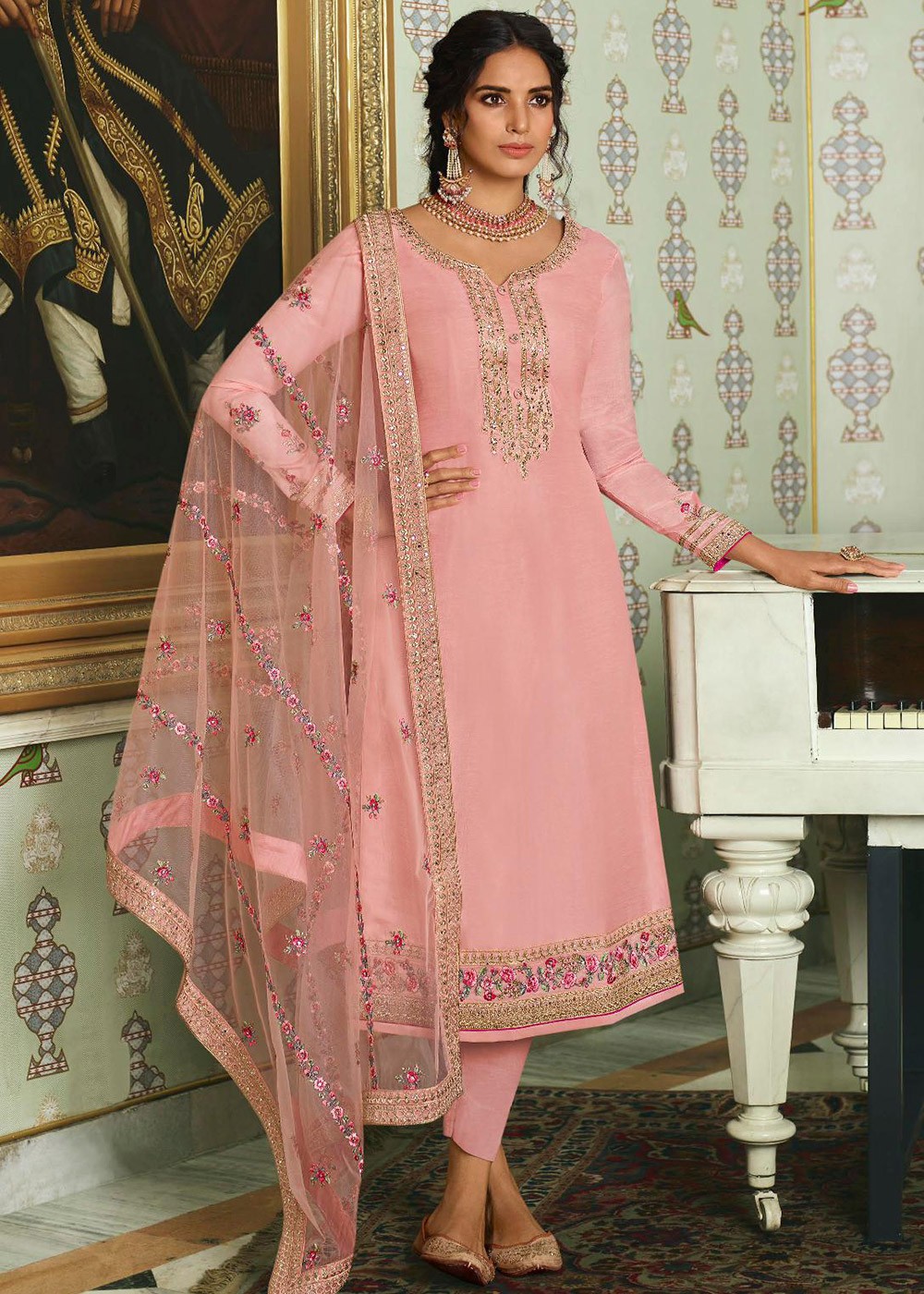 Buy Blush Pink Straight Silk Pant Suit Online | Like A Diva