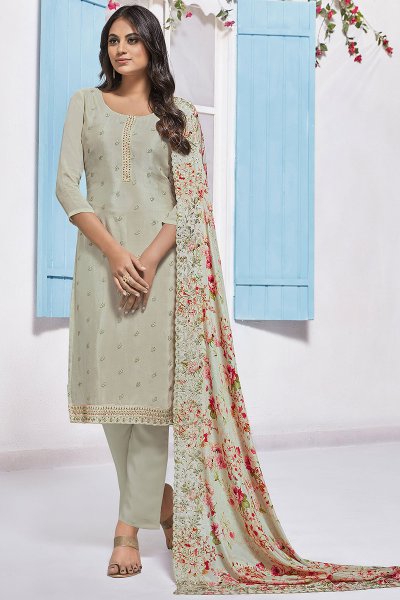 Off White Embroidered Designer Indian Suit in Chinon