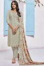 Off White Embroidered Designer Indian Suit in Chinon