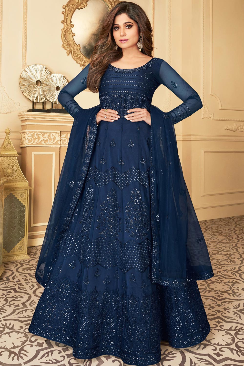 Buy Dark Blue Embroidered Anarkali Suit With Net Dupatta Online Like A Diva