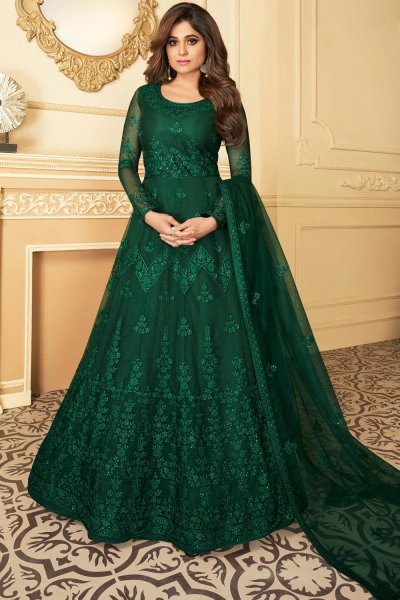 Buy Bottle Green Embroidered Anarkali Suit With Net Dupatta Online ...