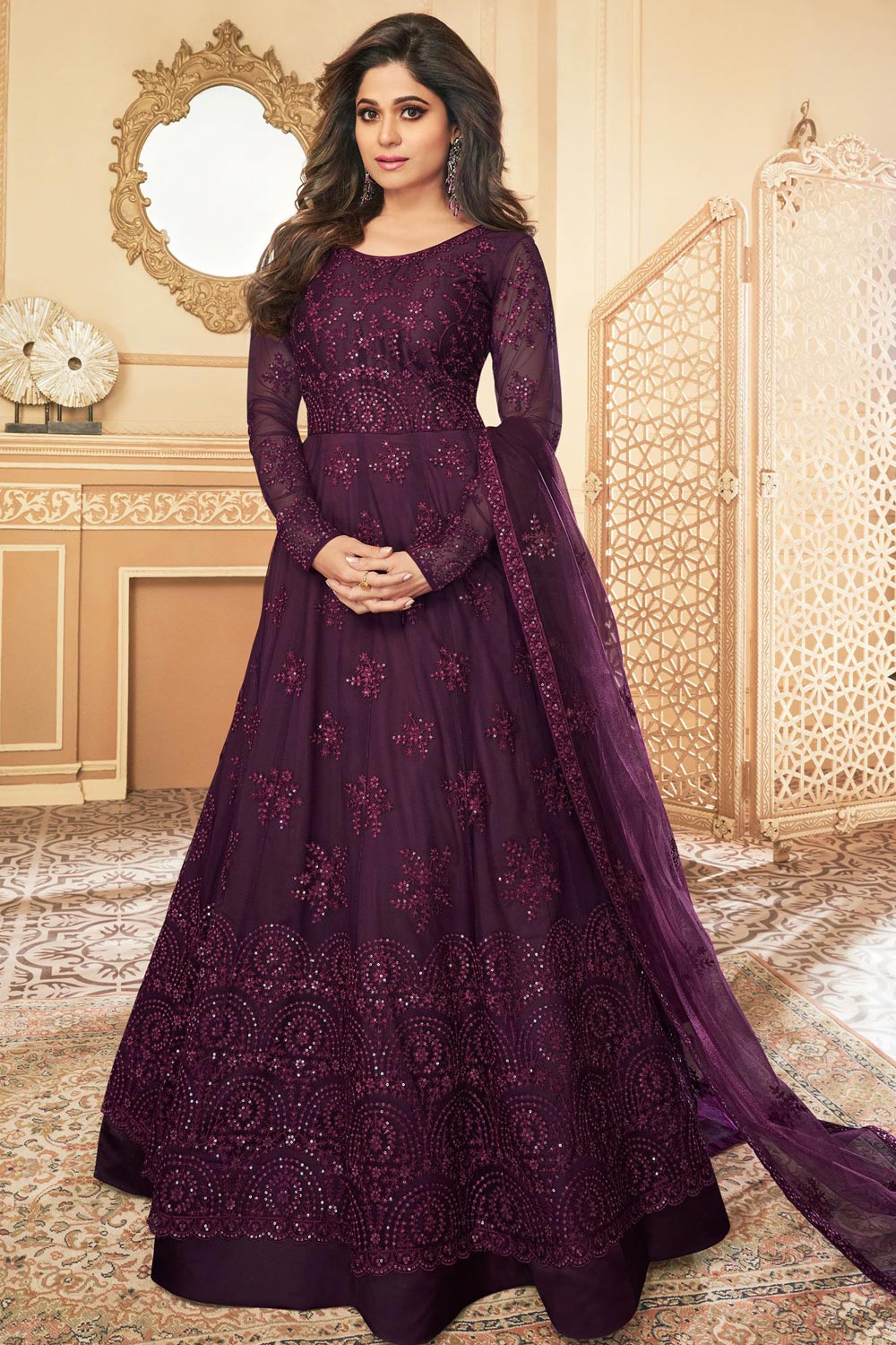 Buy Burgundy Purple Embroidered Anarkali Suit With Net Dupatta Online Like A Diva