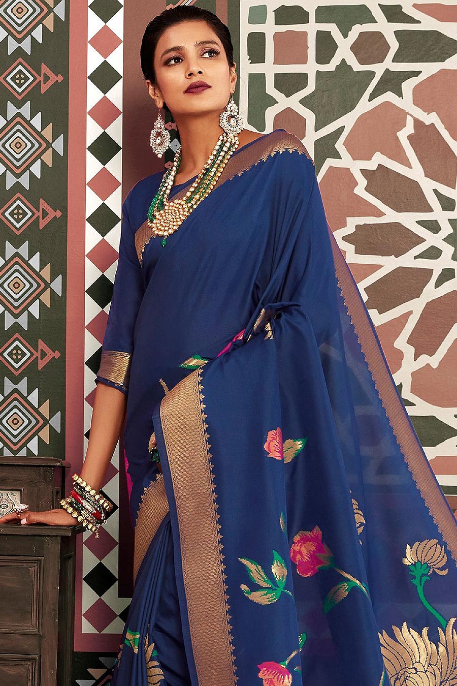 Buy Designer Royal Blue Silk Weaved Saree Online | Like A Diva