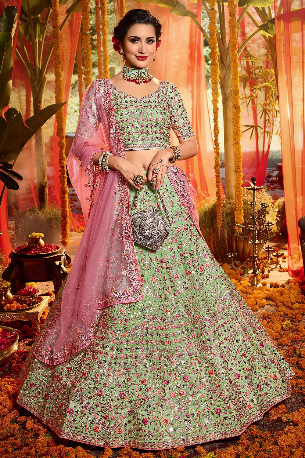 Buy Organza Intricately Embroidered Lehenga With Mirror Work Online