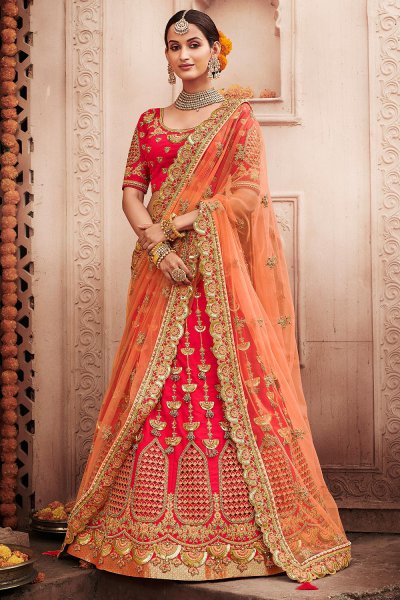 peach and red wedding lehenga