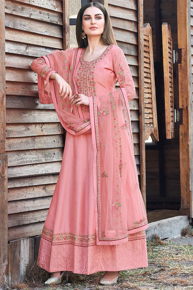 Buy Pink Beautiful Embroidered Dola Silk Anarkali Suit Online | Like A Diva