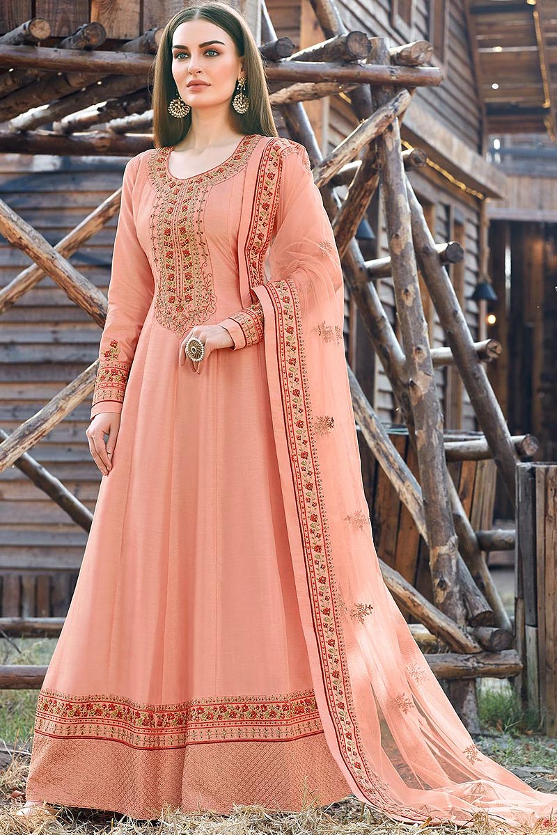 Buy Peach Beautiful Embroidered Dola Silk Anarkali Suit Online Like A Diva 