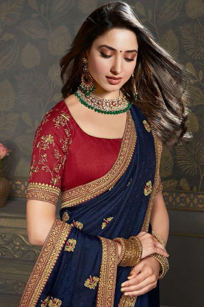 Buy Dark Blue Designer Silk Zari Embroidered Saree Online | Like A Diva