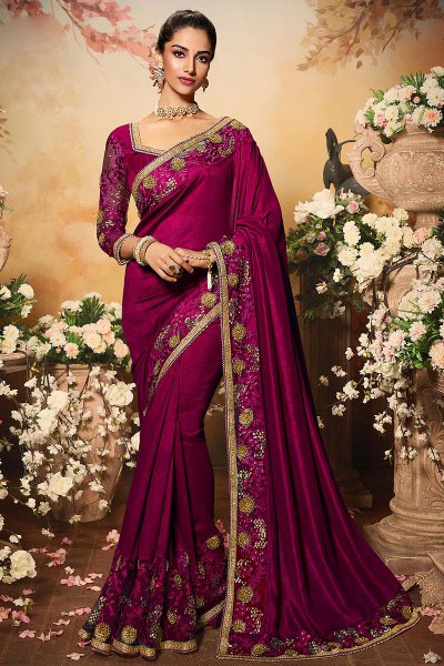 Buy Magenta Pink Silk Designer Saree With Embroidery Online | Like A Diva