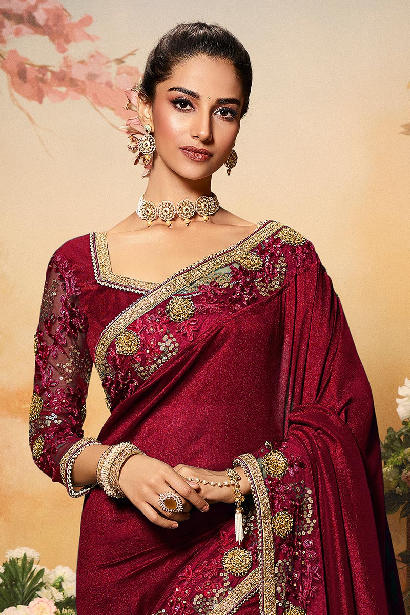Buy Maroon Silk Designer Saree With Embroidery Online Like A Diva 