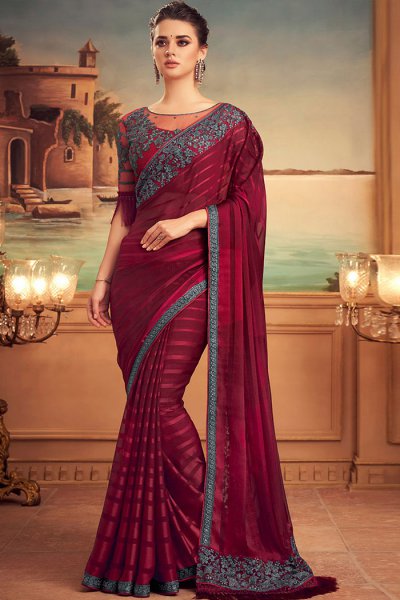 Buy Wine Red Designer Silk Saree Online | Like A Diva