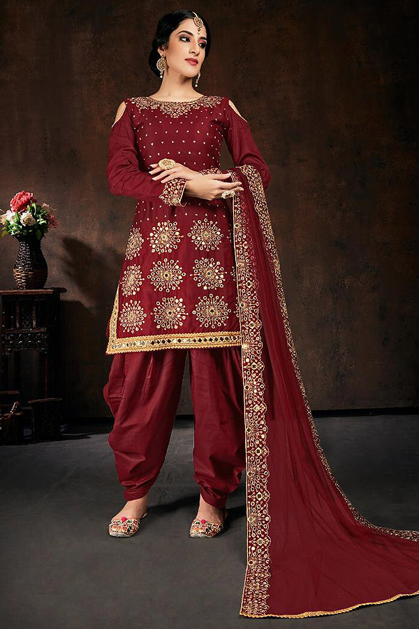 Buy Maroon Zari Embroidered Cotton Silk Punjabi Suit Online | Like A Diva
