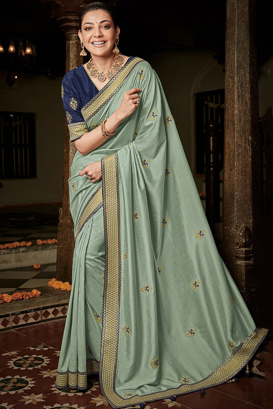 Buy Sage Silk Embroidered Saree Online Like A Diva 
