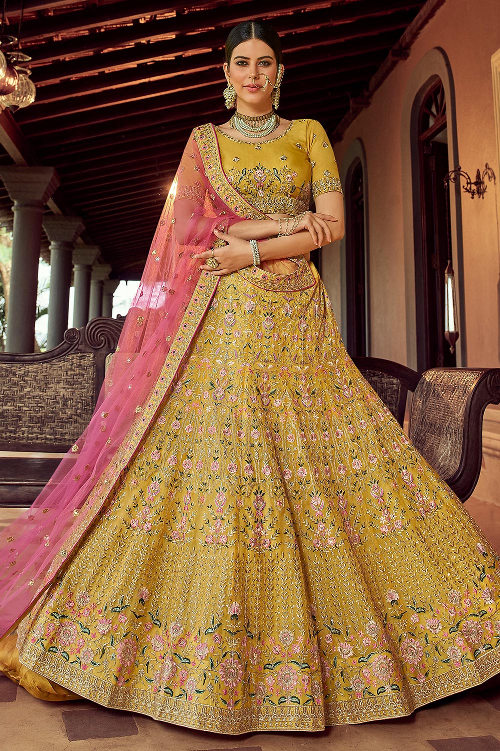 Buy Mustard Organza Silk Floral Embroidered Lehenga Choli Online Like A Diva 3048